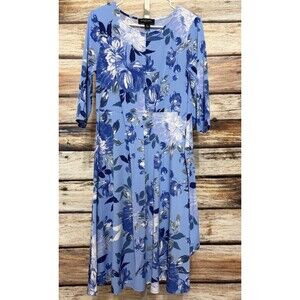 Perceptions New York Blue White Floral Dress Size Petite Small Flattering Midi